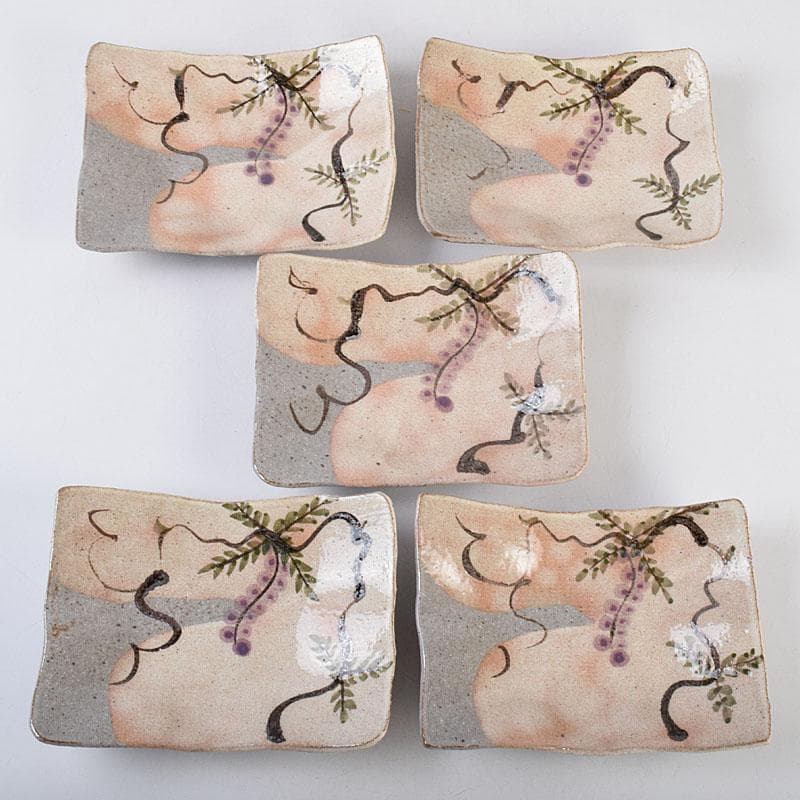 Sake　鼠志野　四方皿　五客　共布　黒田陶々庵極め箱　M　R9064B