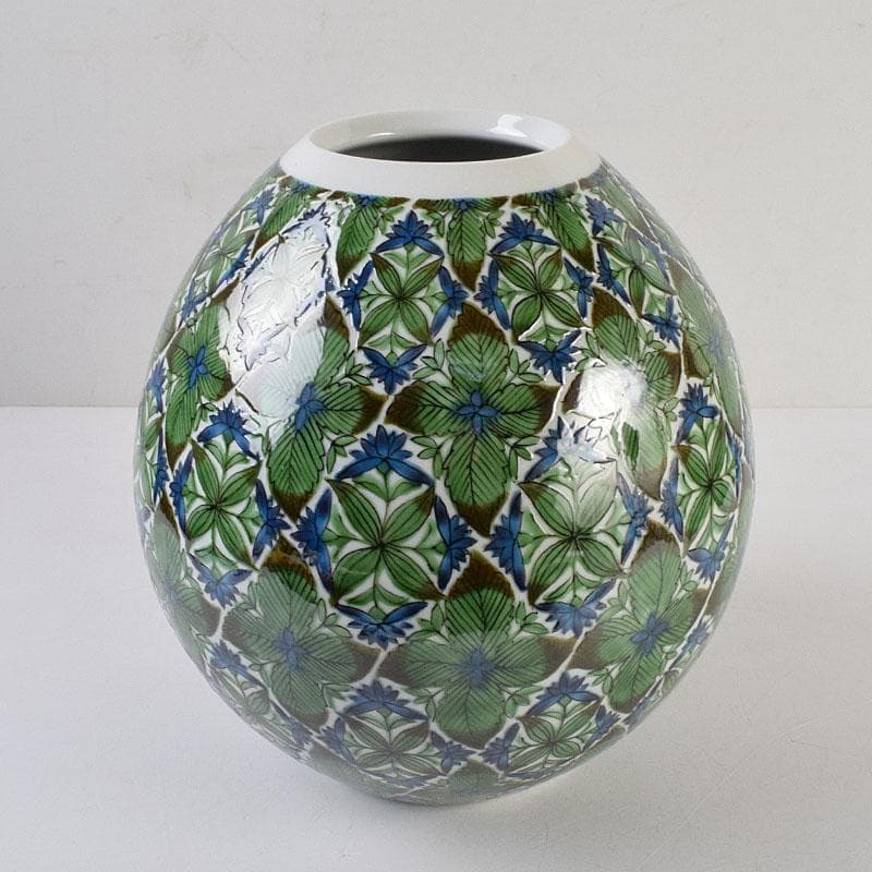 九谷焼　宮川哲爾造　色絵草花更紗文　壷　共布共箱　M　R9261H