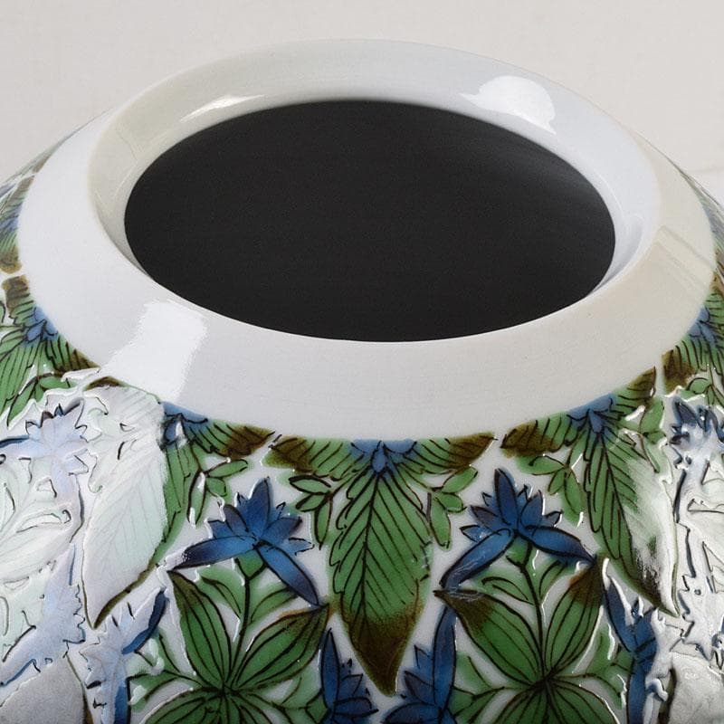 九谷焼　宮川哲爾造　色絵草花更紗文　壷　共布共箱　M　R9261H