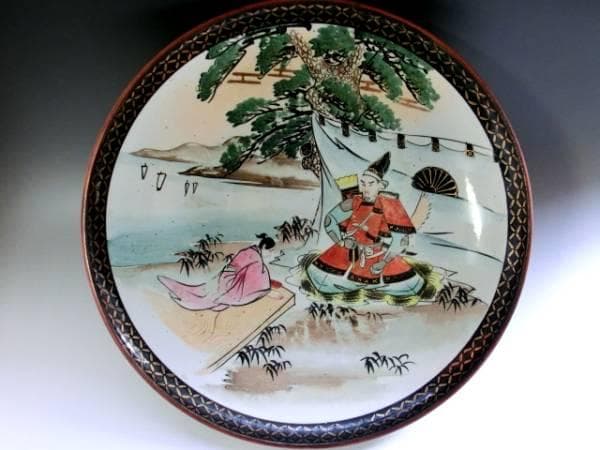 大皿●古い九谷焼き 武士 3枚セット 侍 松 侍 明治期 骨董品■40.0cm