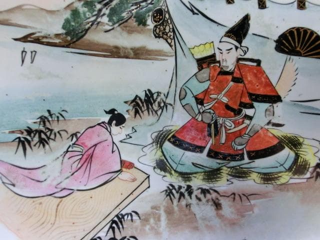 大皿●古い九谷焼き 武士 3枚セット 侍 松 侍 明治期 骨董品■40.0cm