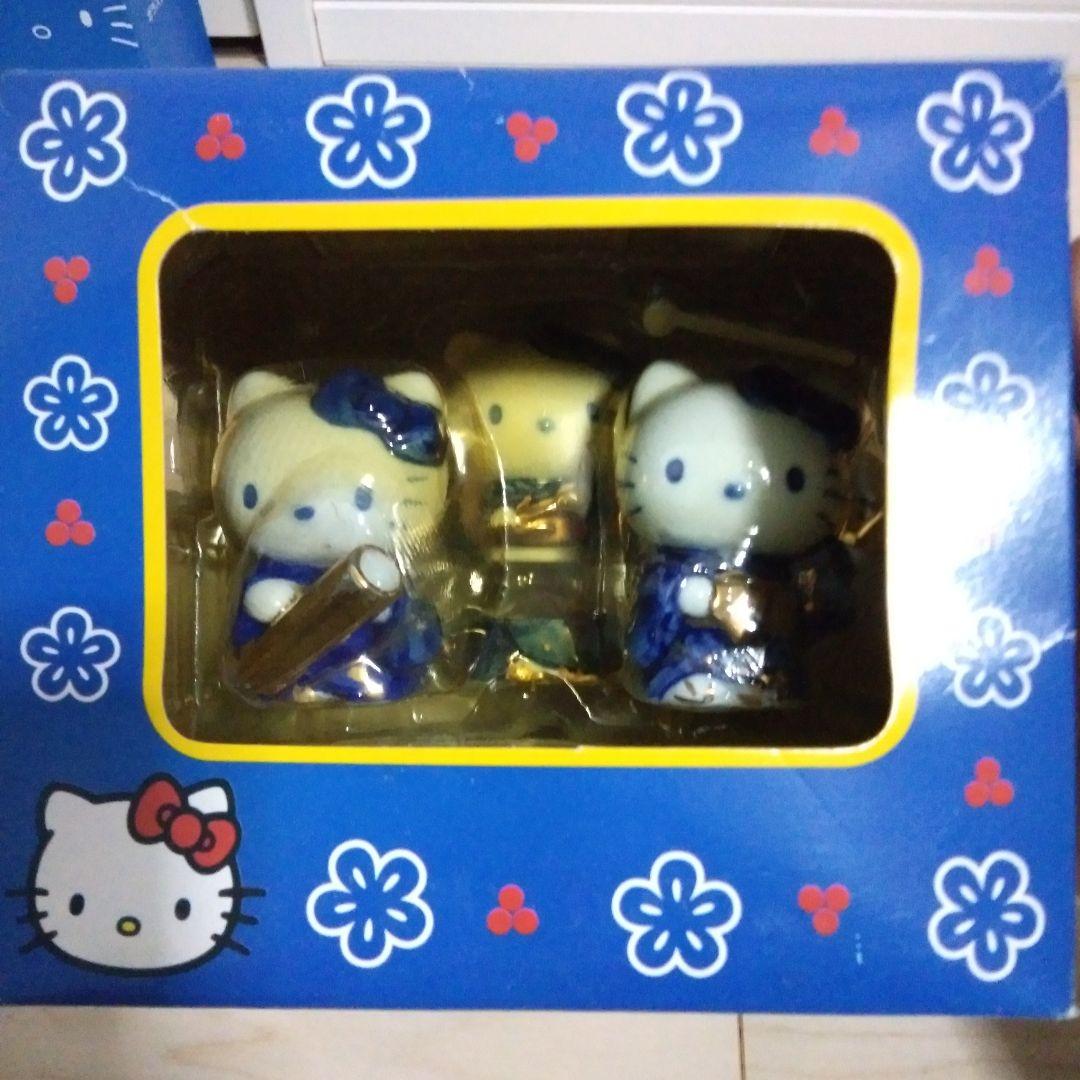 【新品】昔のハローキティ ブルー＆ゴールド陶器・グラス・小物ポケット・袋クリップ