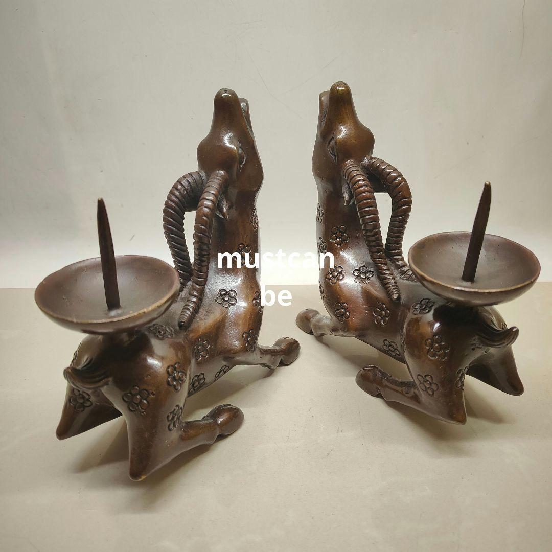 銅製 梅鹿燭台 美品 縁起物 仏堂置物 装飾品 工芸品