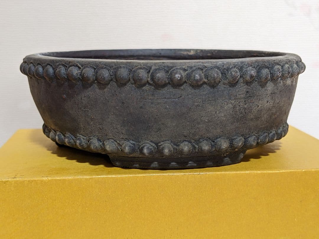 ♦小品盆栽鉢 富舟作 鋲打ち三足丸鉢ミニ盆栽鉢 コレクション 骨董品