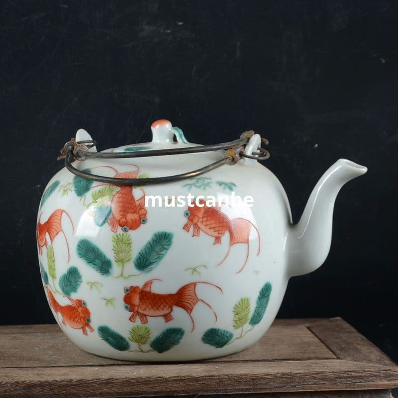 手画パステル金魚壺 提梁壺 茶壺 景徳鎮 陶磁器 煎茶器 現代工芸品 置物