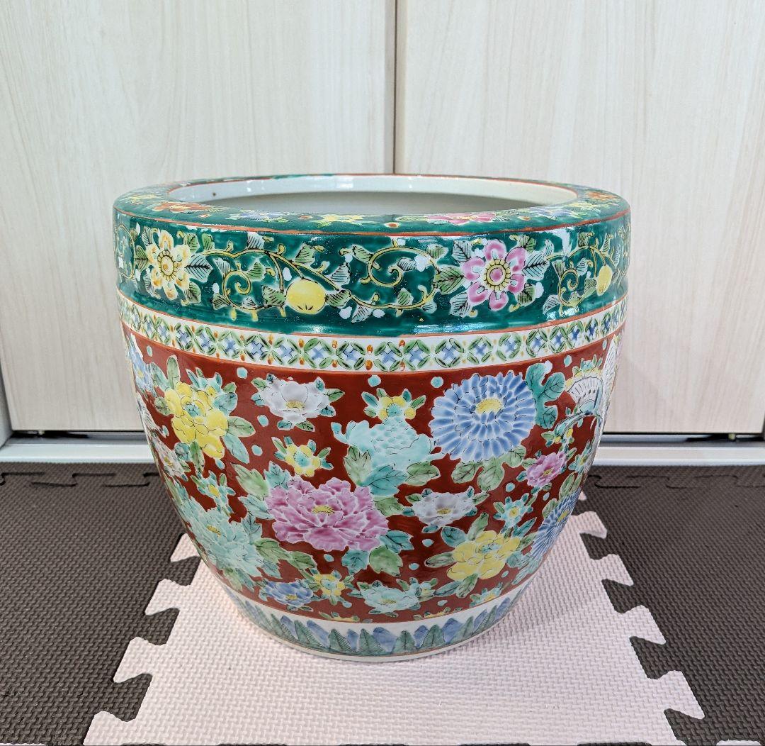 十錦手色絵　花・蝶　火鉢　年代物