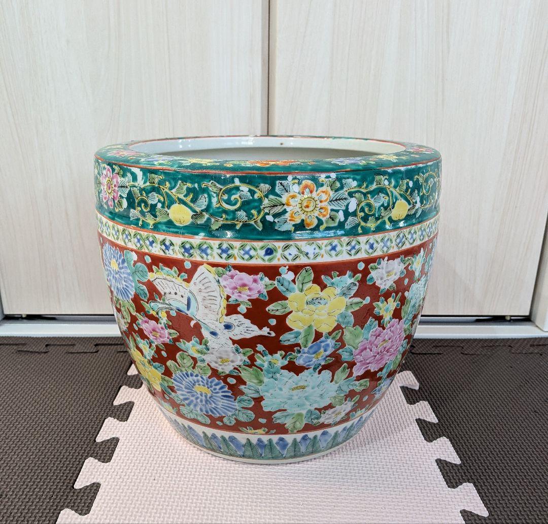 十錦手色絵　花・蝶　火鉢　年代物