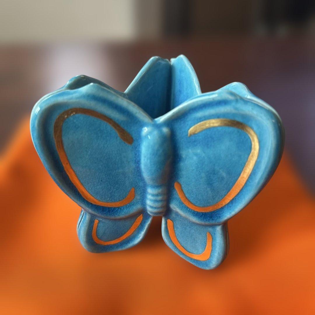 蓋置　蝶　浅黄交趾　膳所焼