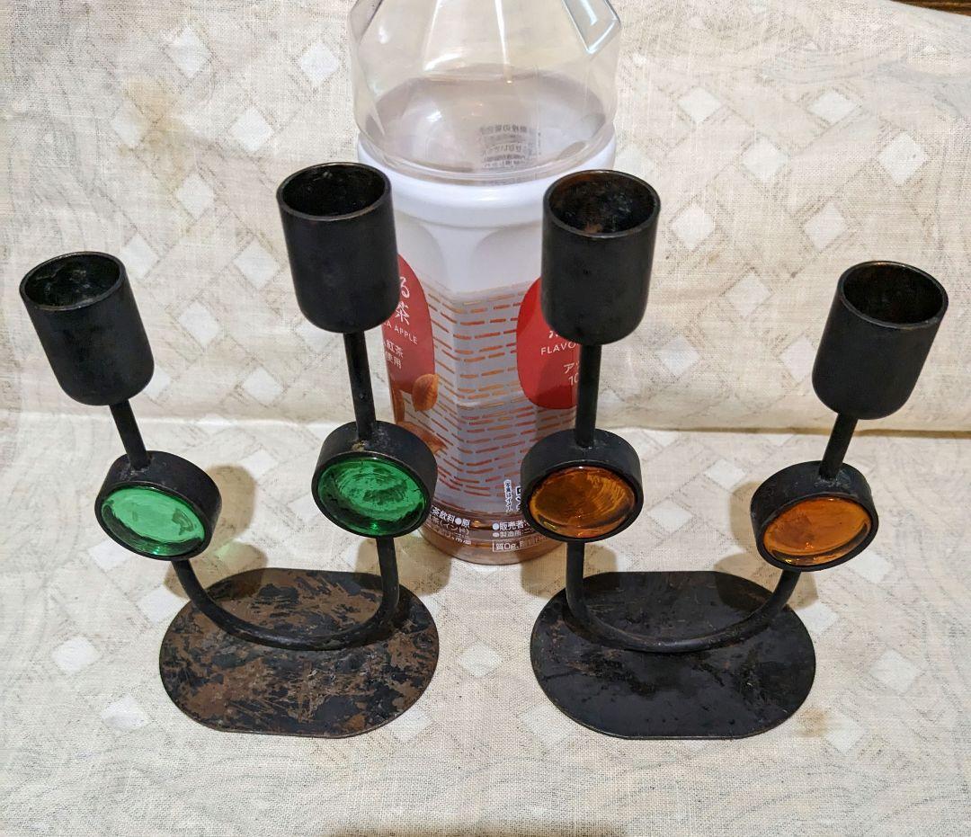 アメリカン ヴィンテージ キャンドルホルダー ２脚組 鉄ガラス工芸、レア