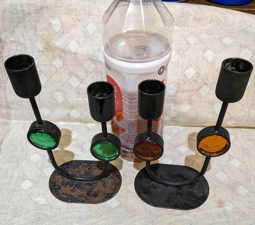 アメリカン ヴィンテージ キャンドルホルダー ２脚組 鉄ガラス工芸、レア