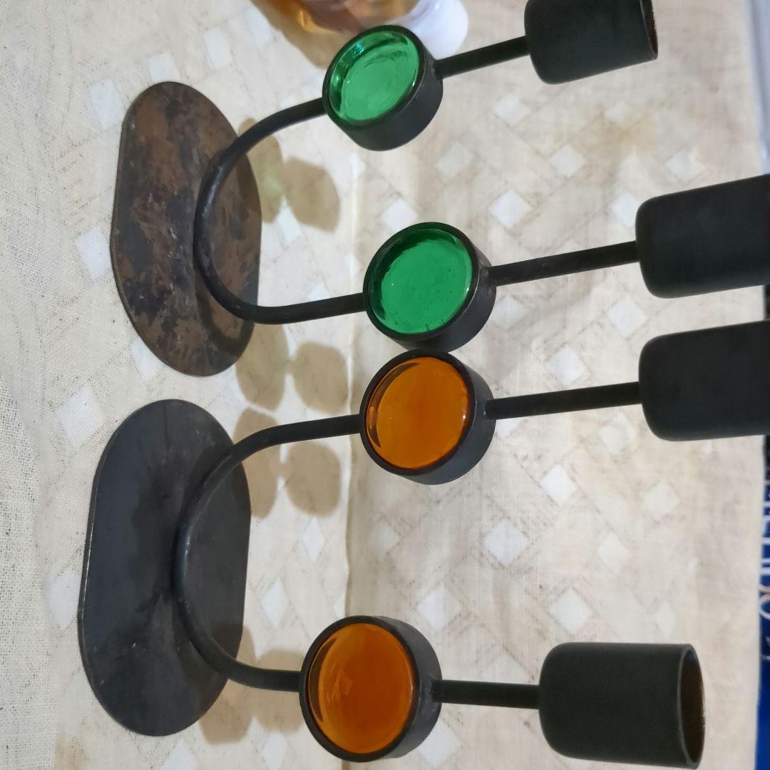 アメリカン ヴィンテージ キャンドルホルダー ２脚組 鉄ガラス工芸、レア