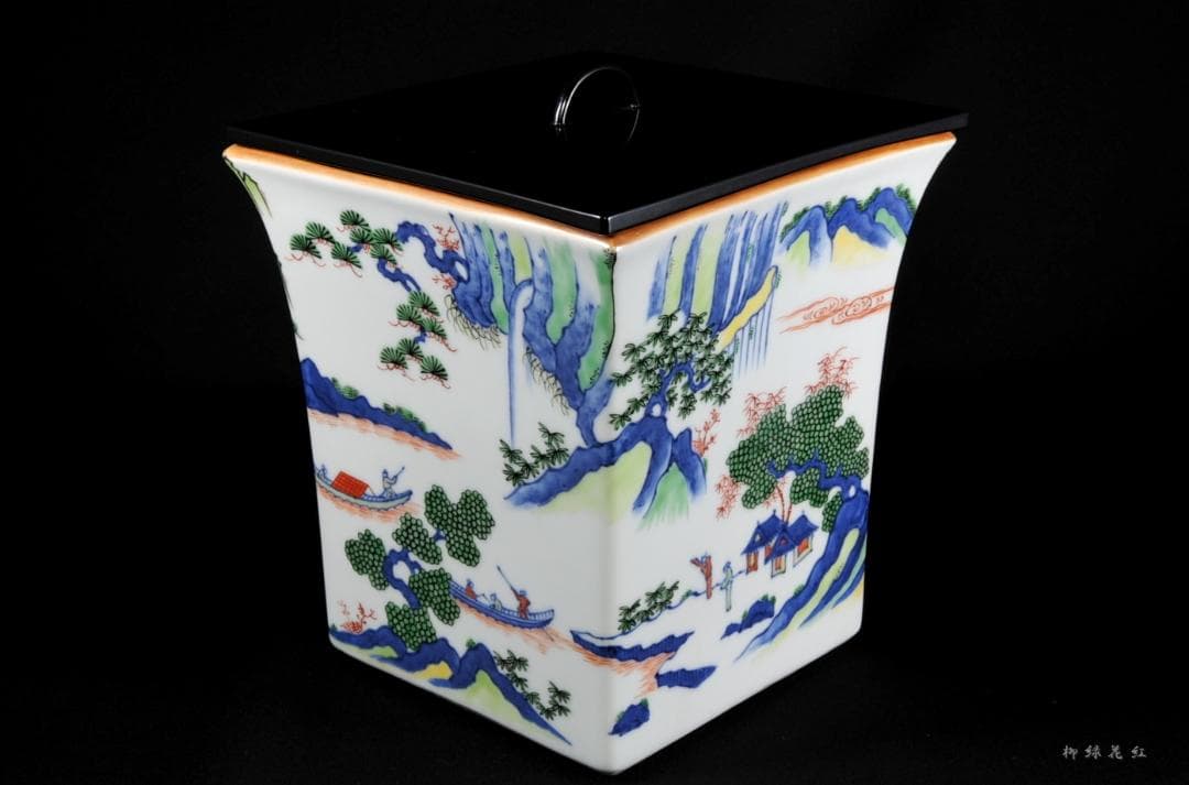 五代 三浦竹泉 色絵山水図 四方 水指 共箱 茶道具