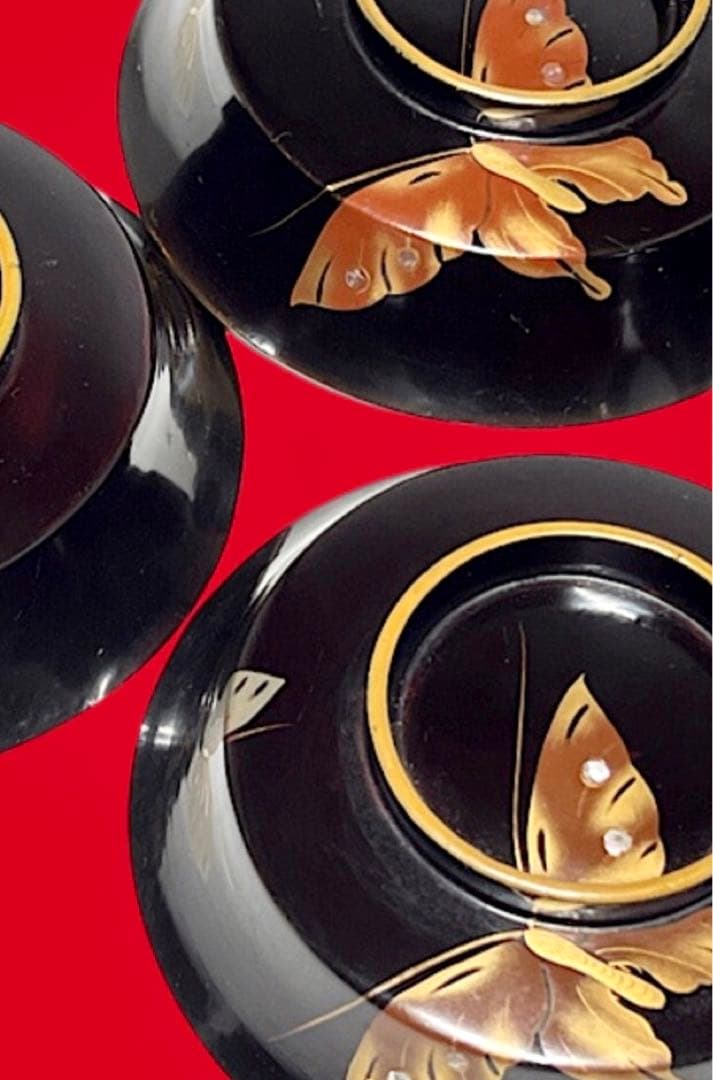 角形 螺鈿細工 漆器6客 金赤蒔絵蝶文 50年前 送込