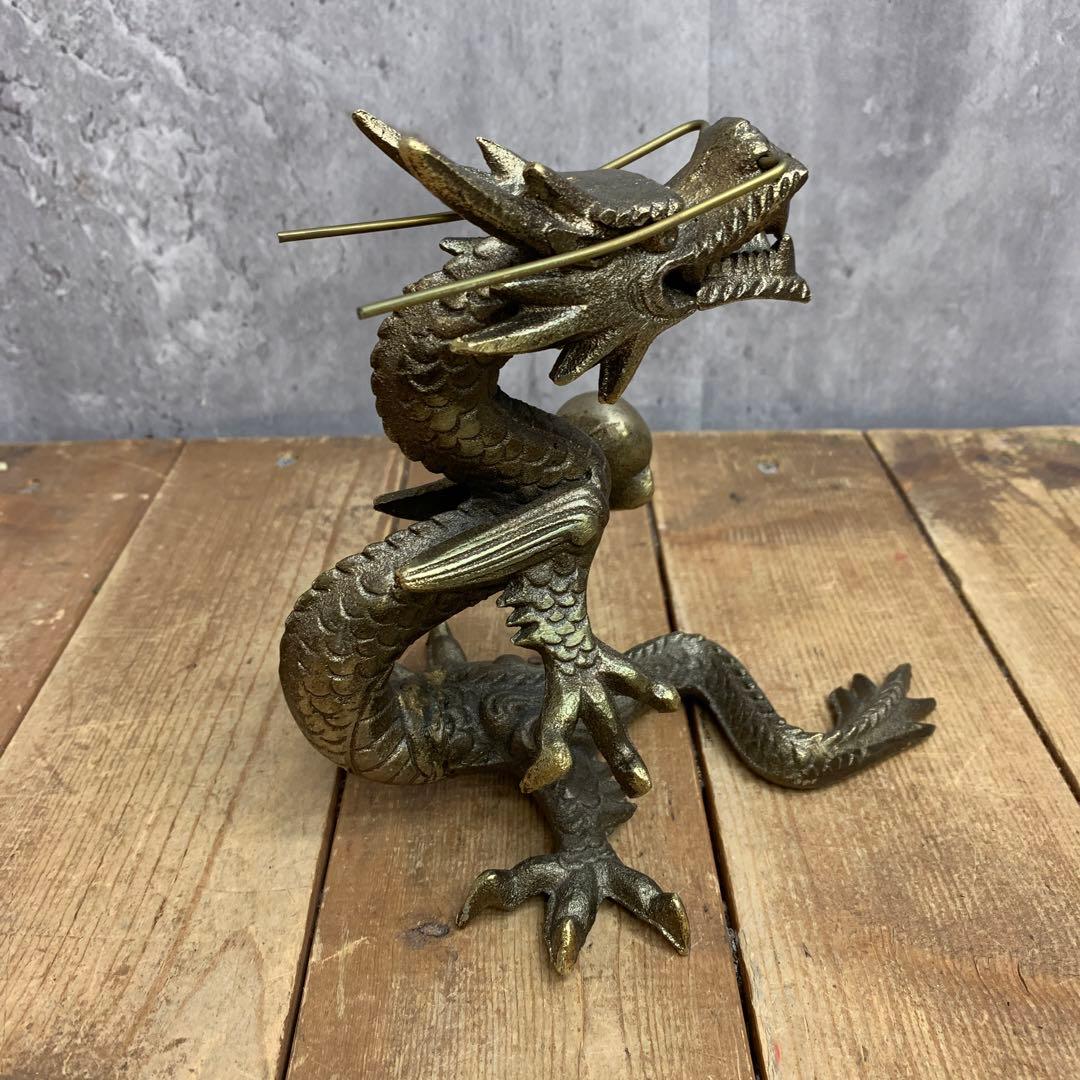 4F 【縁起物】龍 置物 真鍮風 ブロンズ調 ドラゴン 竜 龍神 五本爪 宝玉