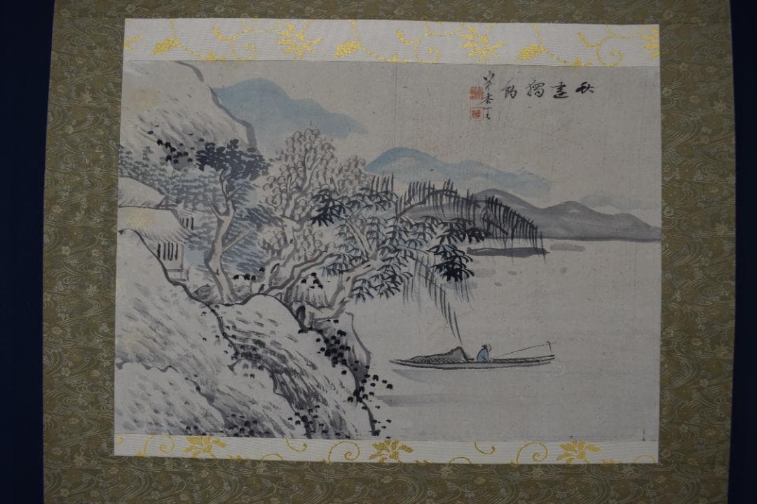 【真作】福田半香/秋湖独釣図/秋景山水図/横物/掛軸☆宝船☆Y-906　JM