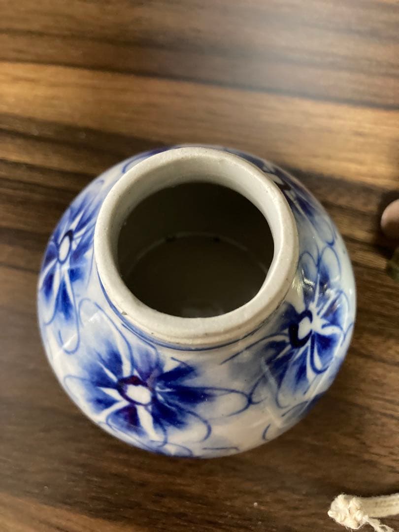 [骨董品] 青い花模様のオイルランプ　ヴィンテージ ランプ　陶器×ガラス