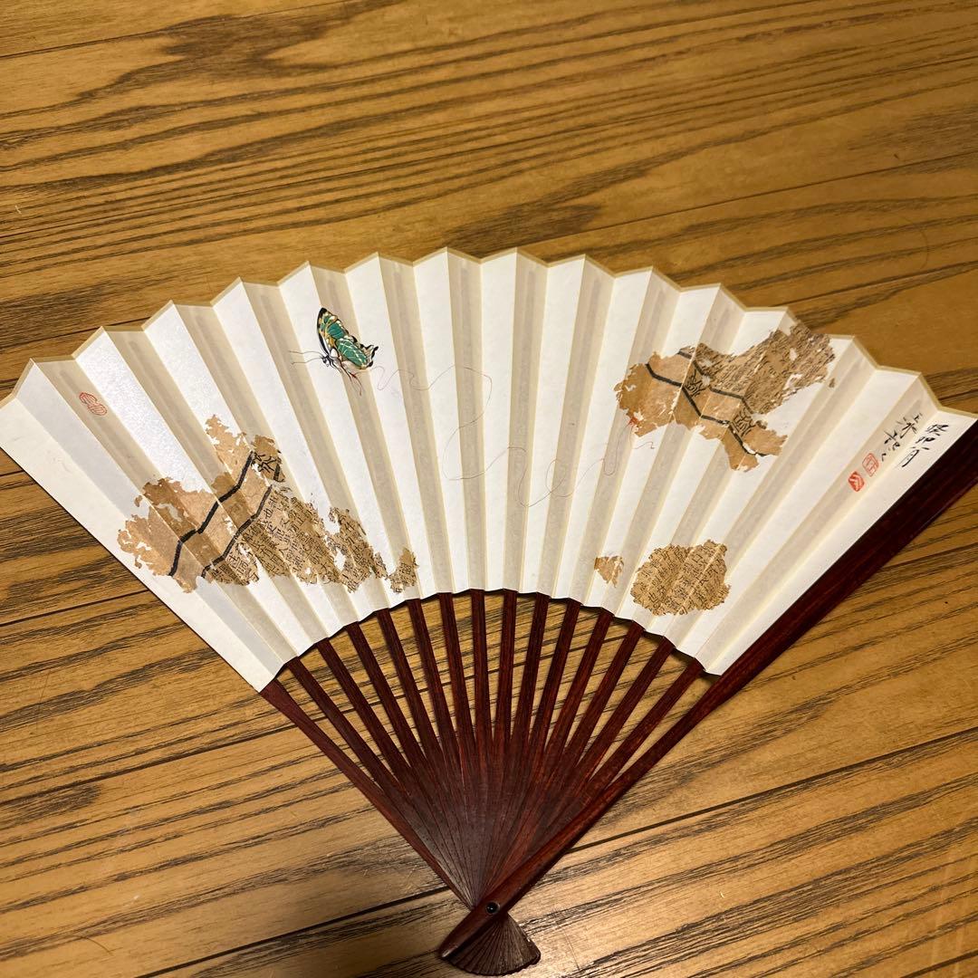 折扇、インド紫檀、本物保証中美扇 中国画 書道 中国美術 在銘あり 任在銘 両面