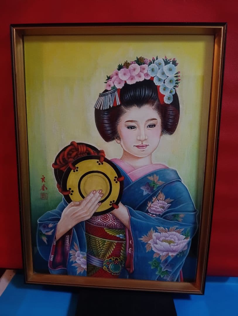 時代着物美人姿水彩画昭和時代頃縦５７Ｘ横幅４２Ｘ厚さ３センチガラス当時物額装品