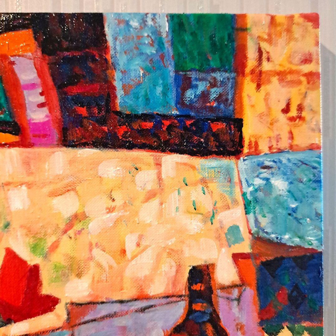 キャンバス油絵 　いとを　お花とビンとカップのあるテーブル　おしゃれ静物画