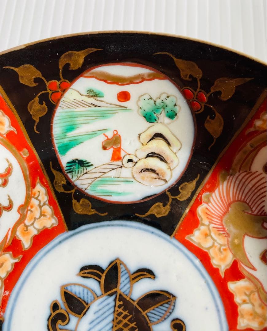 古伊万里染錦山水唐釣人図金彩雲龍文皿5枚セット