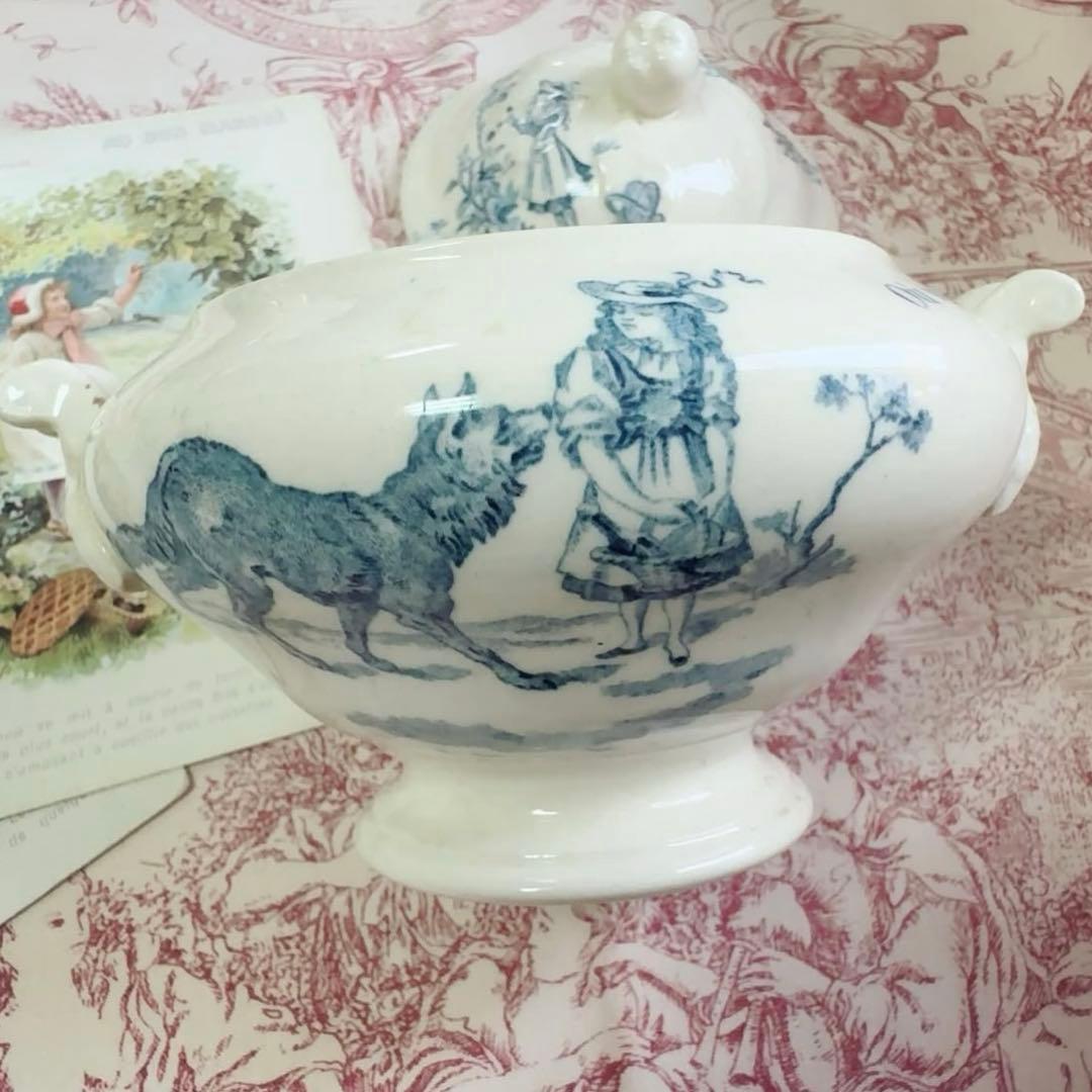 セール　フランスアンティーク　おままごと食器　赤ずきん　青　スーピエール