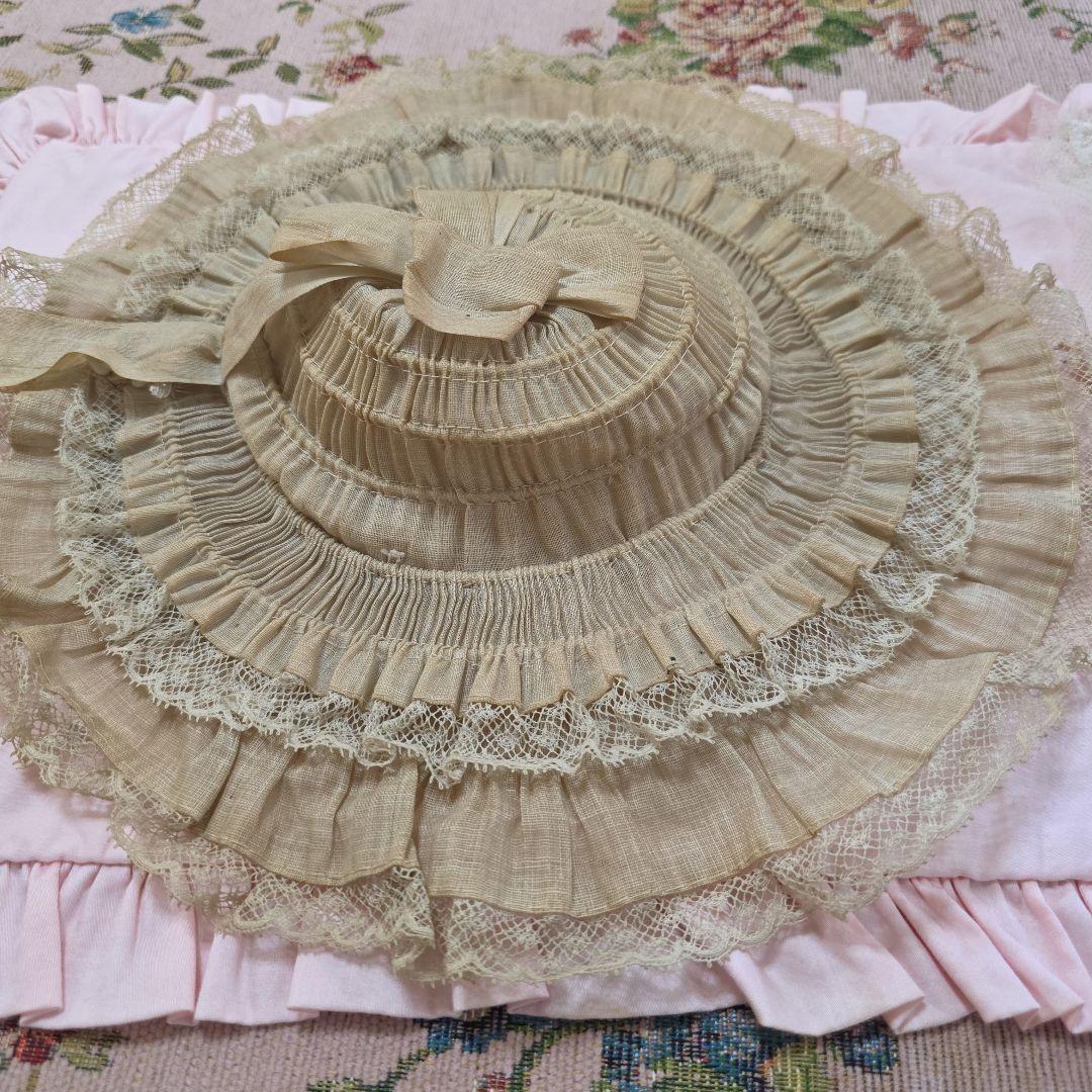 フランスアンティーク　ビスクドール　ボネハット　リネン　フリル　ジュモー　帽子