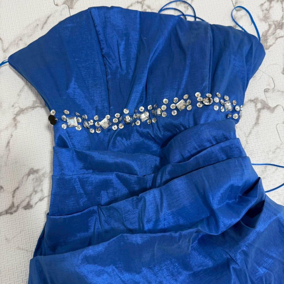 美品 S ロングドレス 青 ビジュー フリル パーティー
