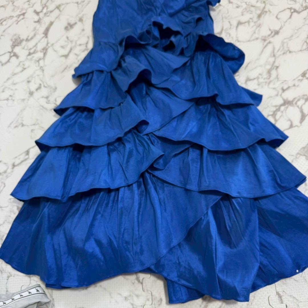 美品 S ロングドレス 青 ビジュー フリル パーティー