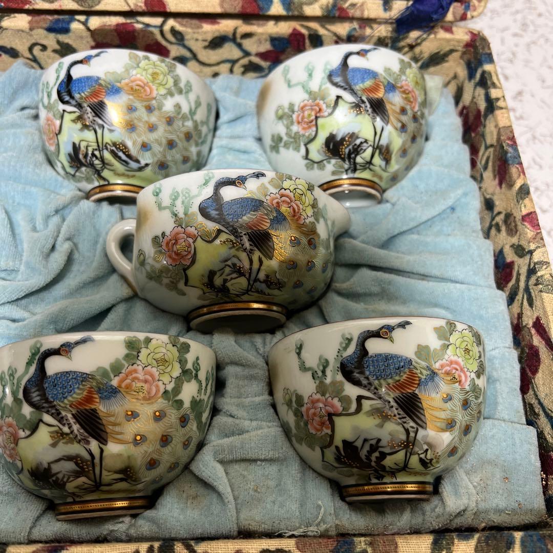 古九谷　九谷焼　花鳥図　金彩　孔雀　煎茶揃え　時代物