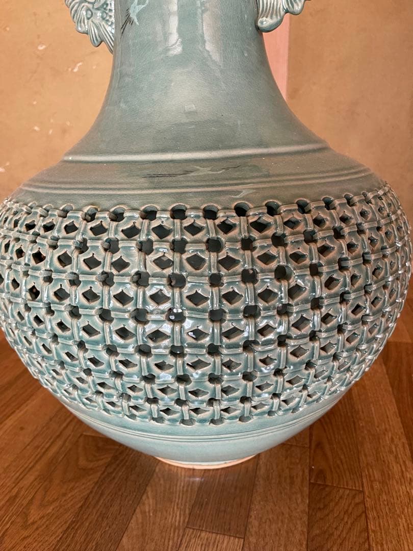 【じいちゃんのコレクション】青緑色 陶器 花瓶 透かし彫り ドラゴンの取っ手