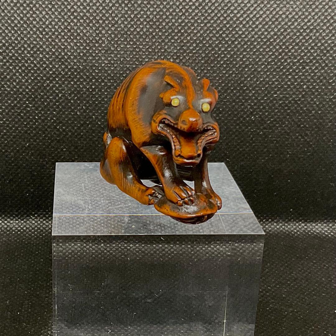 木彫狼亀根付　江戸時代　彫銘: 正友