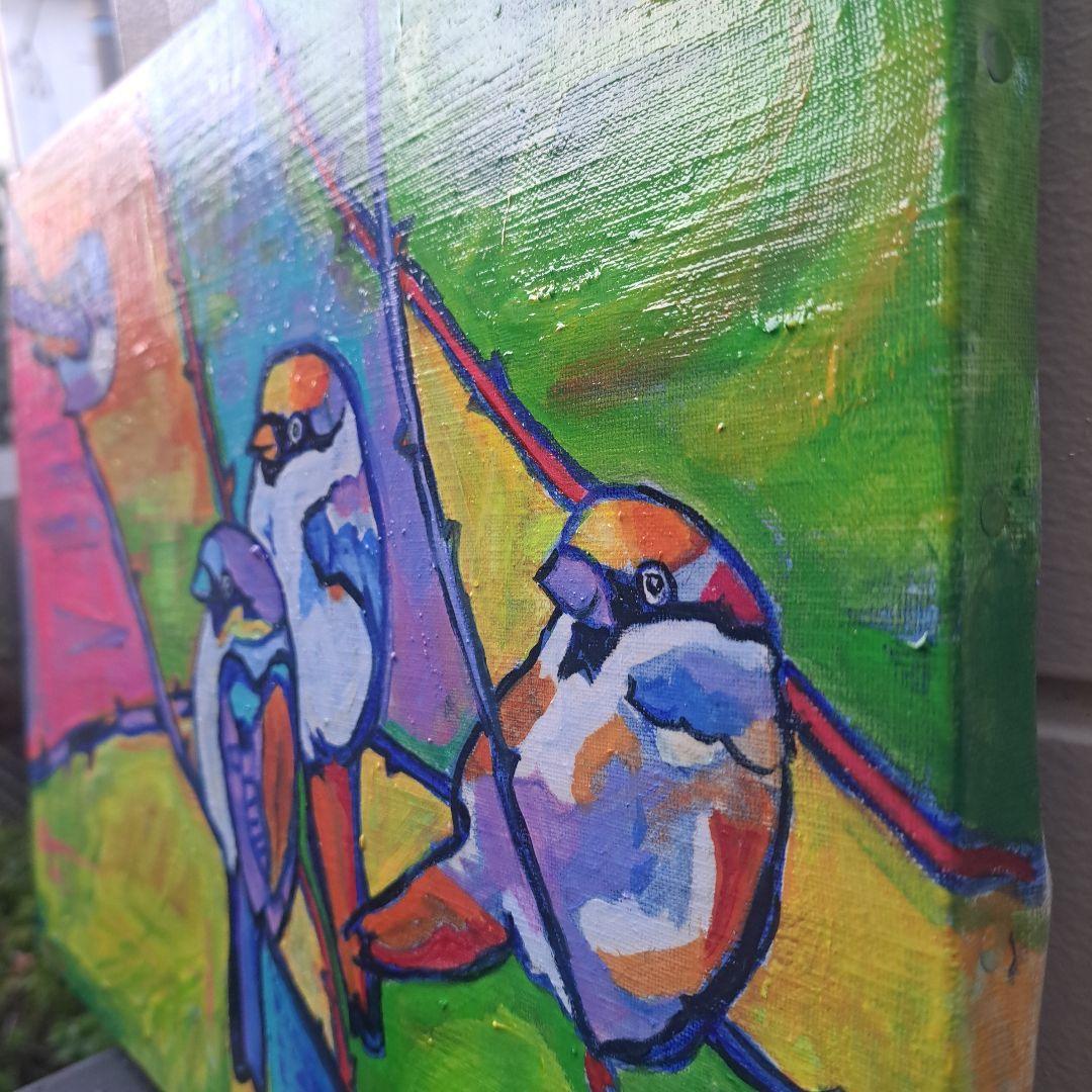 キャンバス油絵　専用　芽吹きとすずめたち