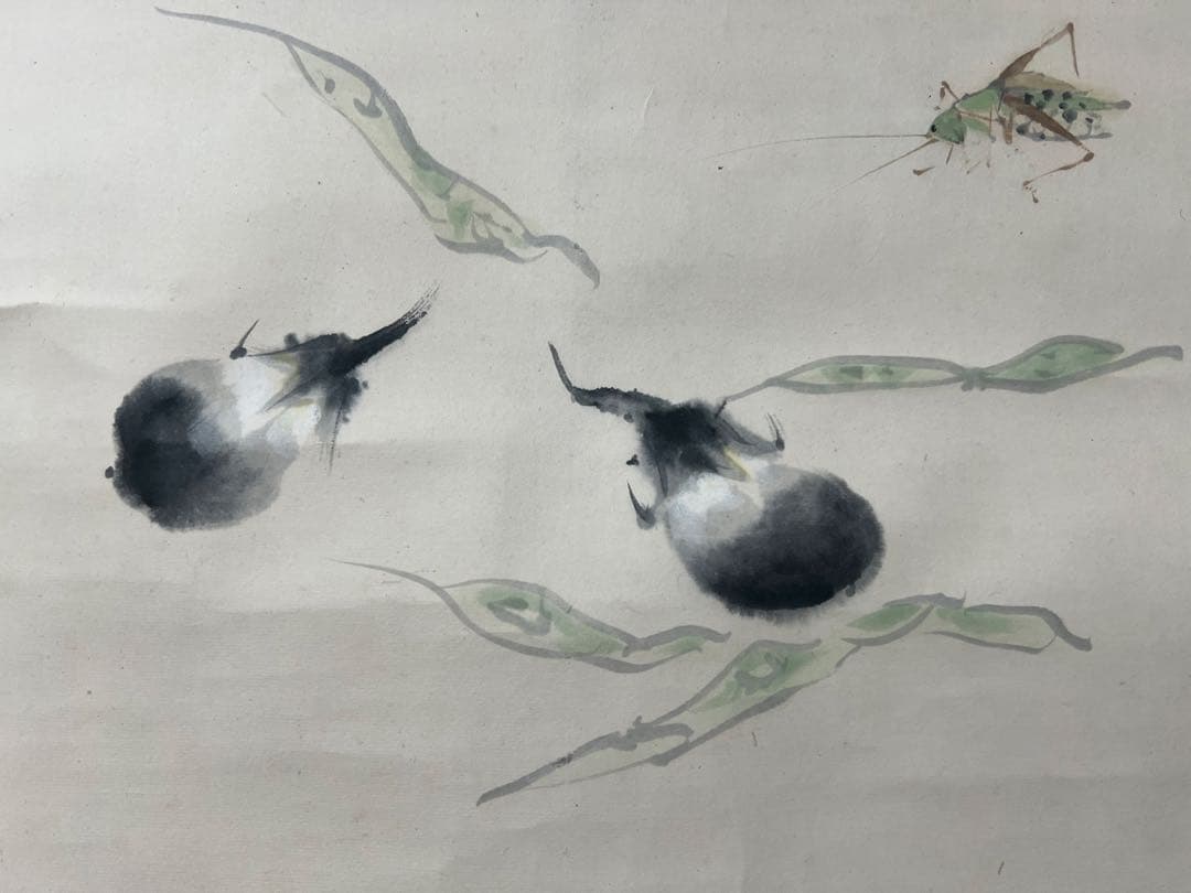 掛け軸　横物［茄子枝豆にコオロギ図］肉筆 木箱無し！