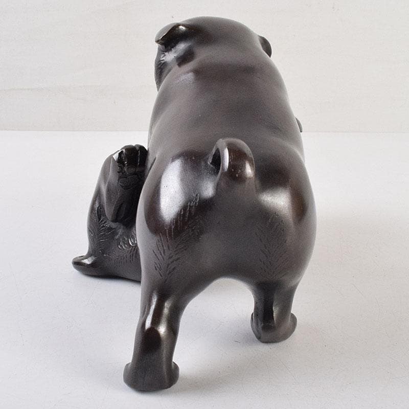 金工師　秀山作　鋳銅　戯れる子犬　置物　共箱　M　R9214