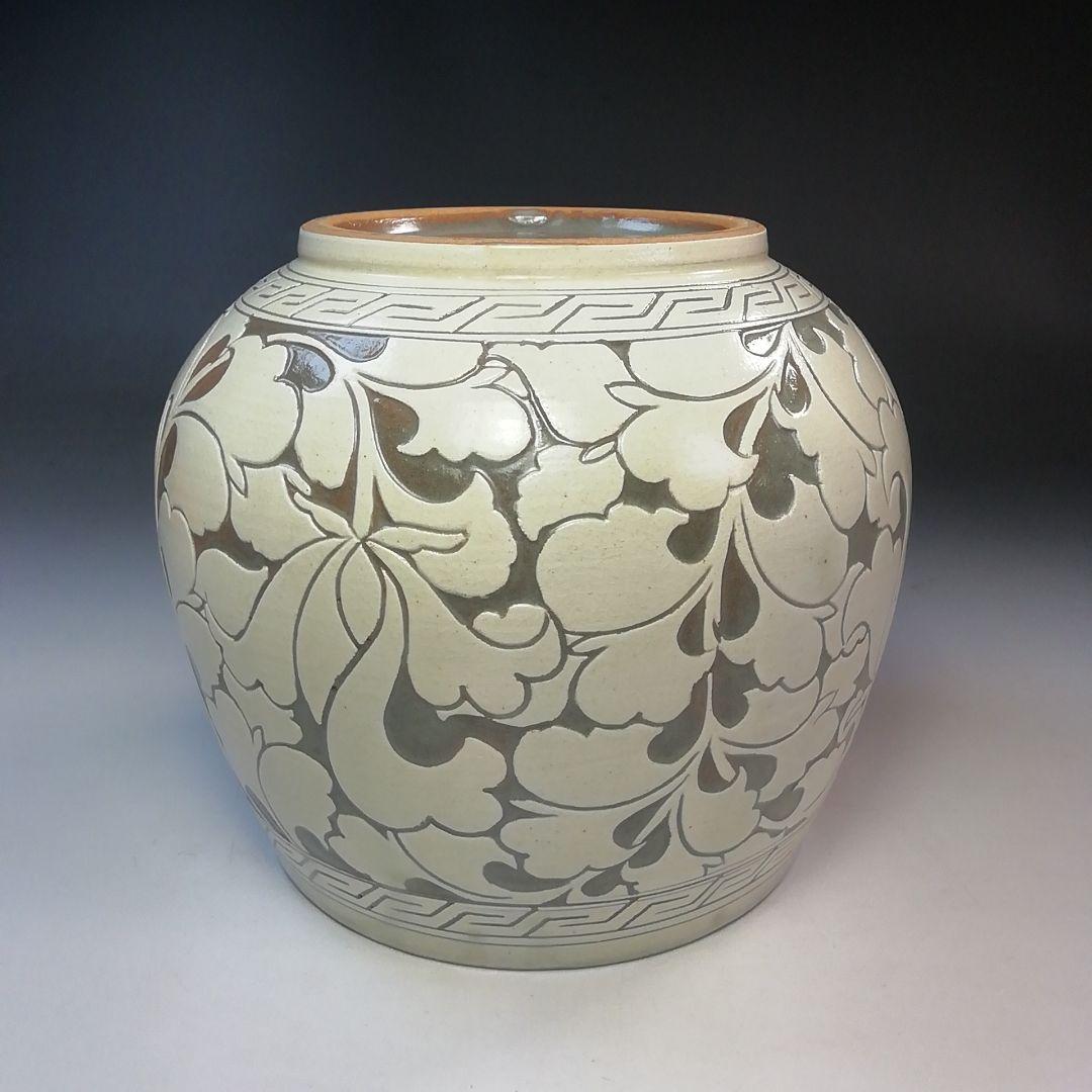 Ｓ７８１　水指　『唐草　中葉』『黃仁哲』　共箱　茶道具