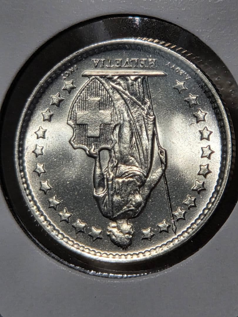 (稀少 完全未使用)スイス連邦　ヘルヴェティア立像　1/2フラン銀貨　1962B