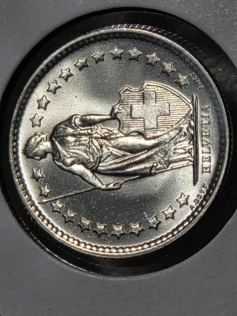 (稀少 完全未使用)スイス連邦　ヘルヴェティア立像　1/2フラン銀貨　1962B