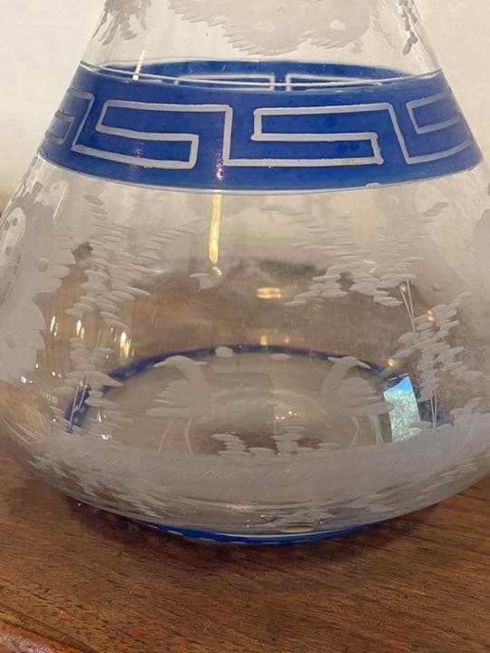 フランスアンティーク デキャンタ 青い蒔絵と鹿、鳥の柄