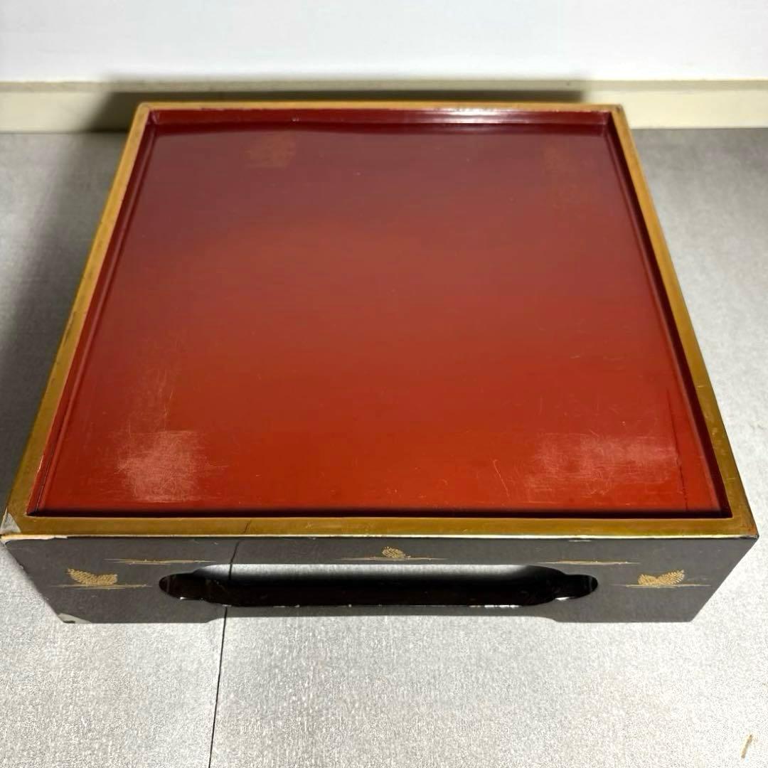 豪華セット◽️蒔絵 4段重箱 鶴松 重台付き 蓋2枚 漆器 骨董 昭和レトロ 正月