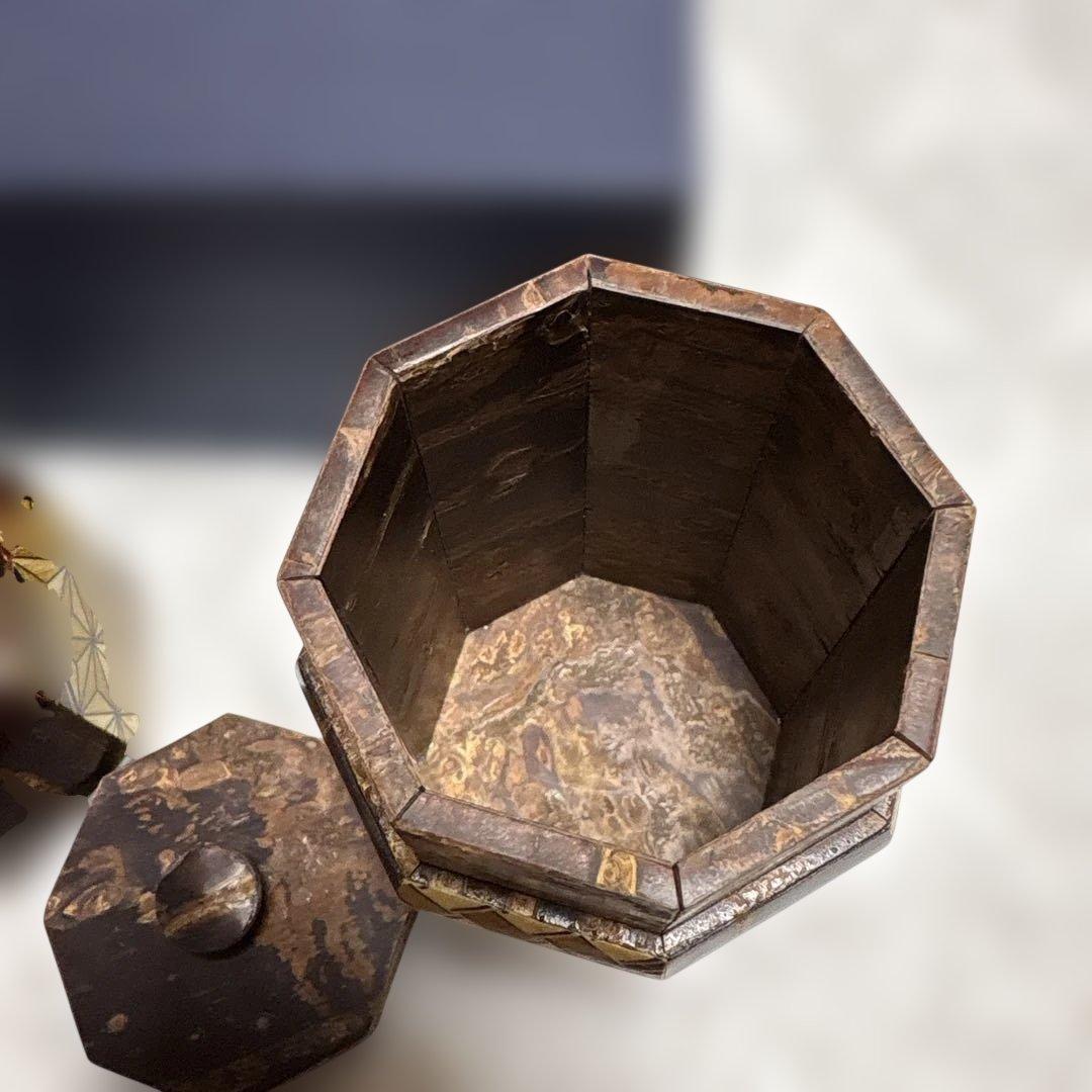 【希少・未使用】寄木細工 茶筒 八角形 内蓋も木製 説明書付き 縁起物