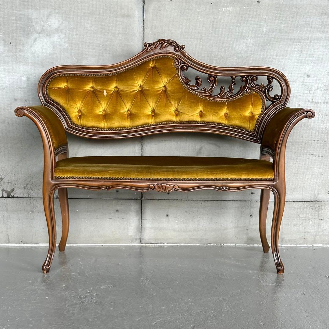 ✦80s✦ アンティークソファ カウチ ベルベット ゴールド 彫刻 ヴィンテージ