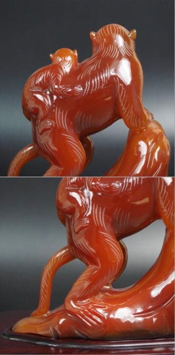 送料無料　名工土橋正市作　極上瑪瑙彫刻猿置物 共箱・作歴・証明書