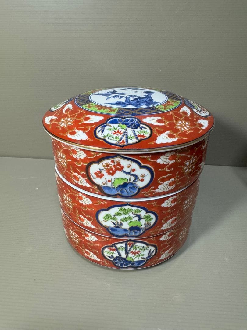 2295 伊万里風 松竹梅 三段重 提げ台