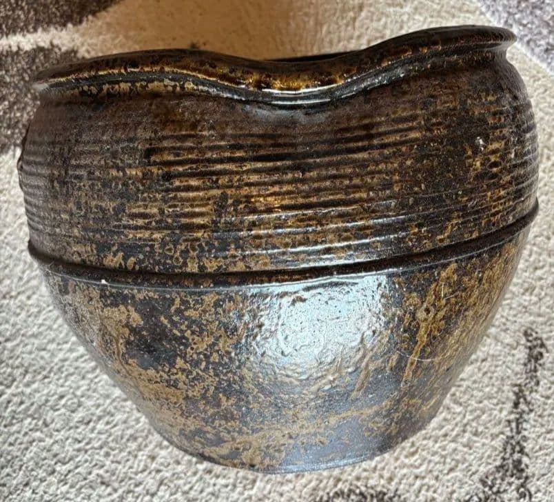 丹波焼　灰釉印花文甕　水差し花生け　骨董品アンティーク