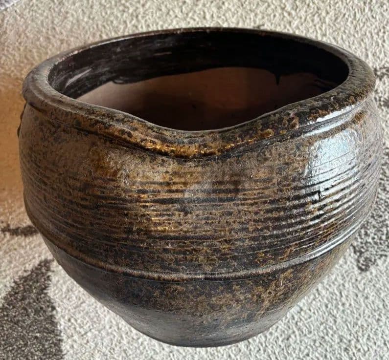 丹波焼　灰釉印花文甕　水差し花生け　骨董品アンティーク