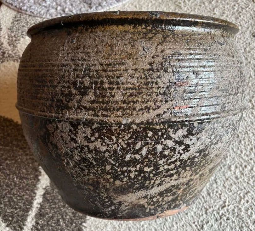 丹波焼　灰釉印花文甕　水差し花生け　骨董品アンティーク