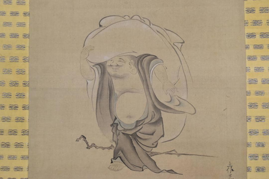 【真作】土佐光起/川渡布袋図/布袋図/七福神/掛軸/名家伝来/AA-990