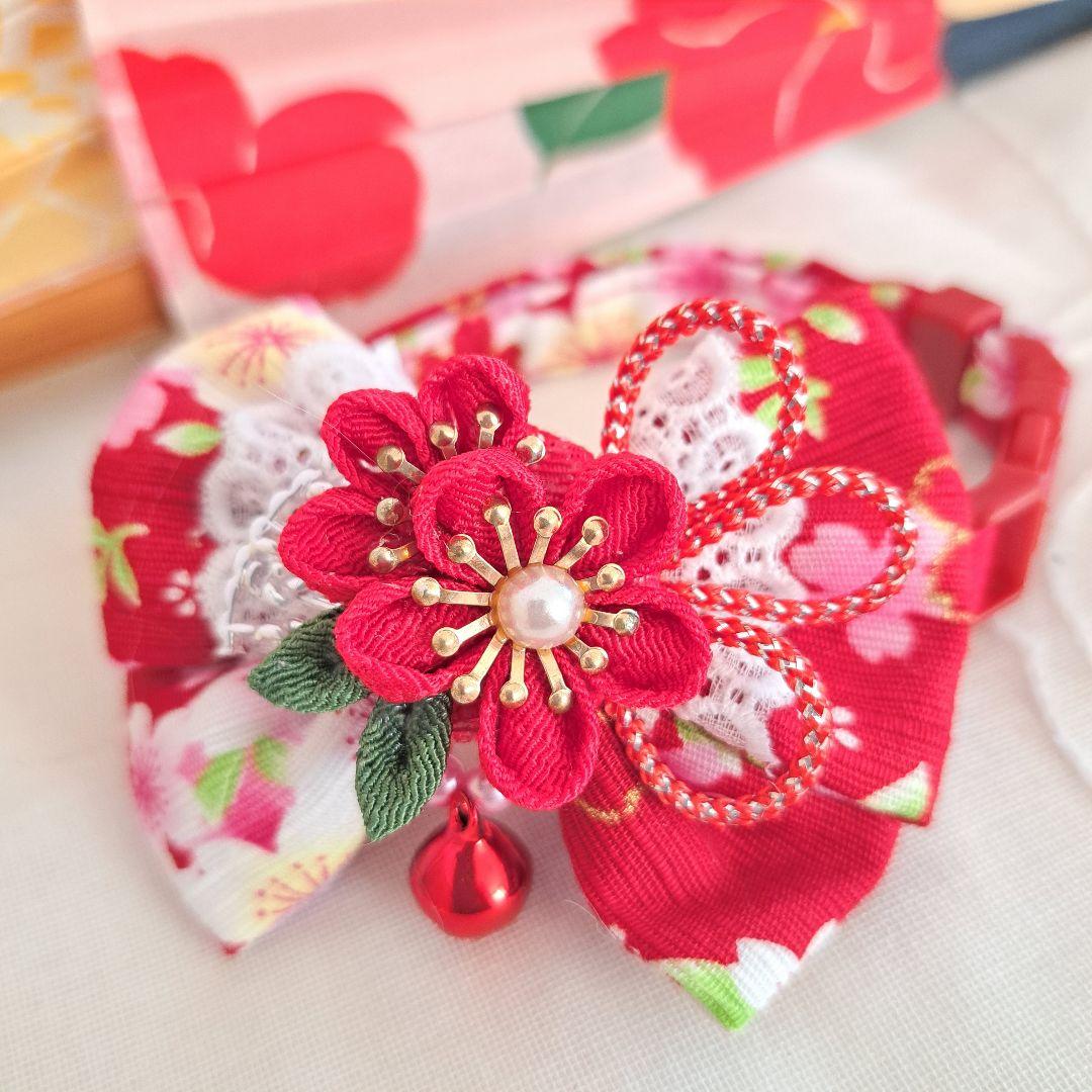 つまみ細工ダブルリボン(赤②)わんちゃん猫ちゃん用首輪