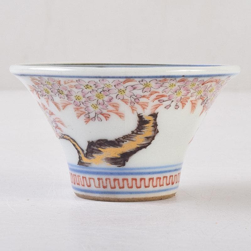 京焼　本多左平作　染付　桜漢詩文　盃　ぐい呑　時代箱　V　R9220