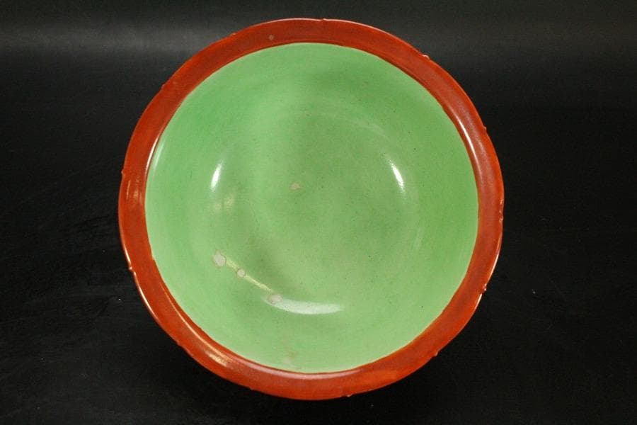 中国美術 粉彩 花鳥紋 珊瑚釉 遊高台 洗 φ14cm 光緒年製(LC255)